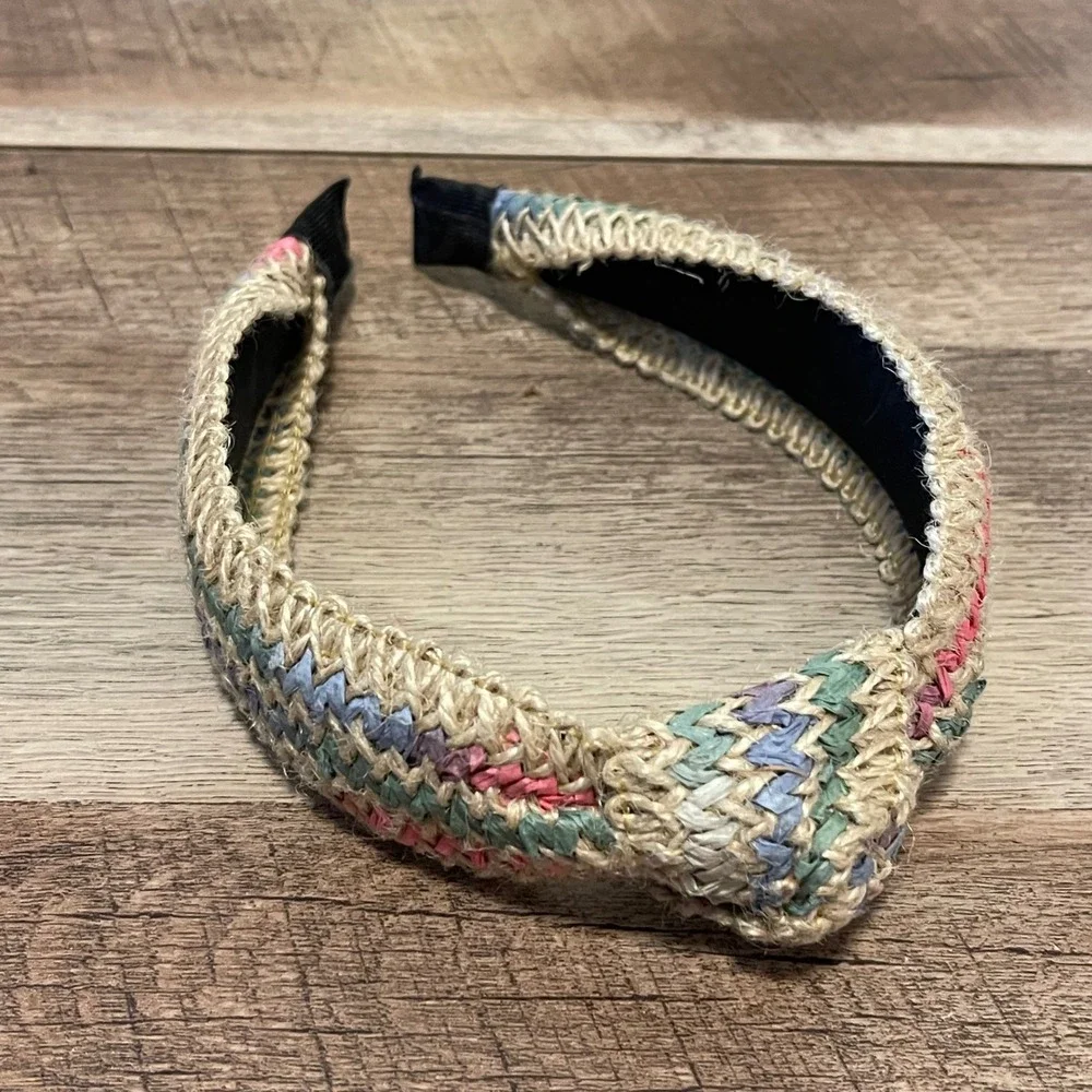 Boho Woven Headband‎ Knotted Accent Multi Color Straw Cotton Raffia Accessory